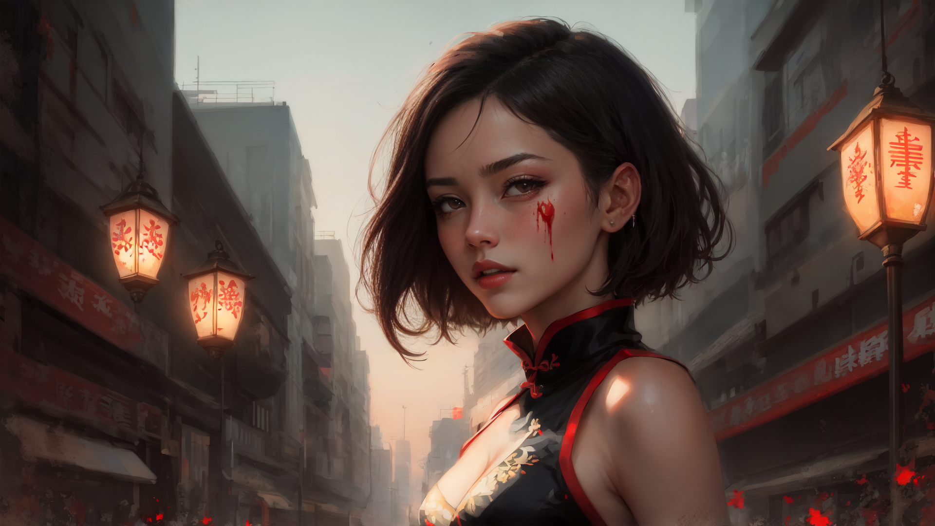 AI generated wallpaper featuring woman, lantern, street