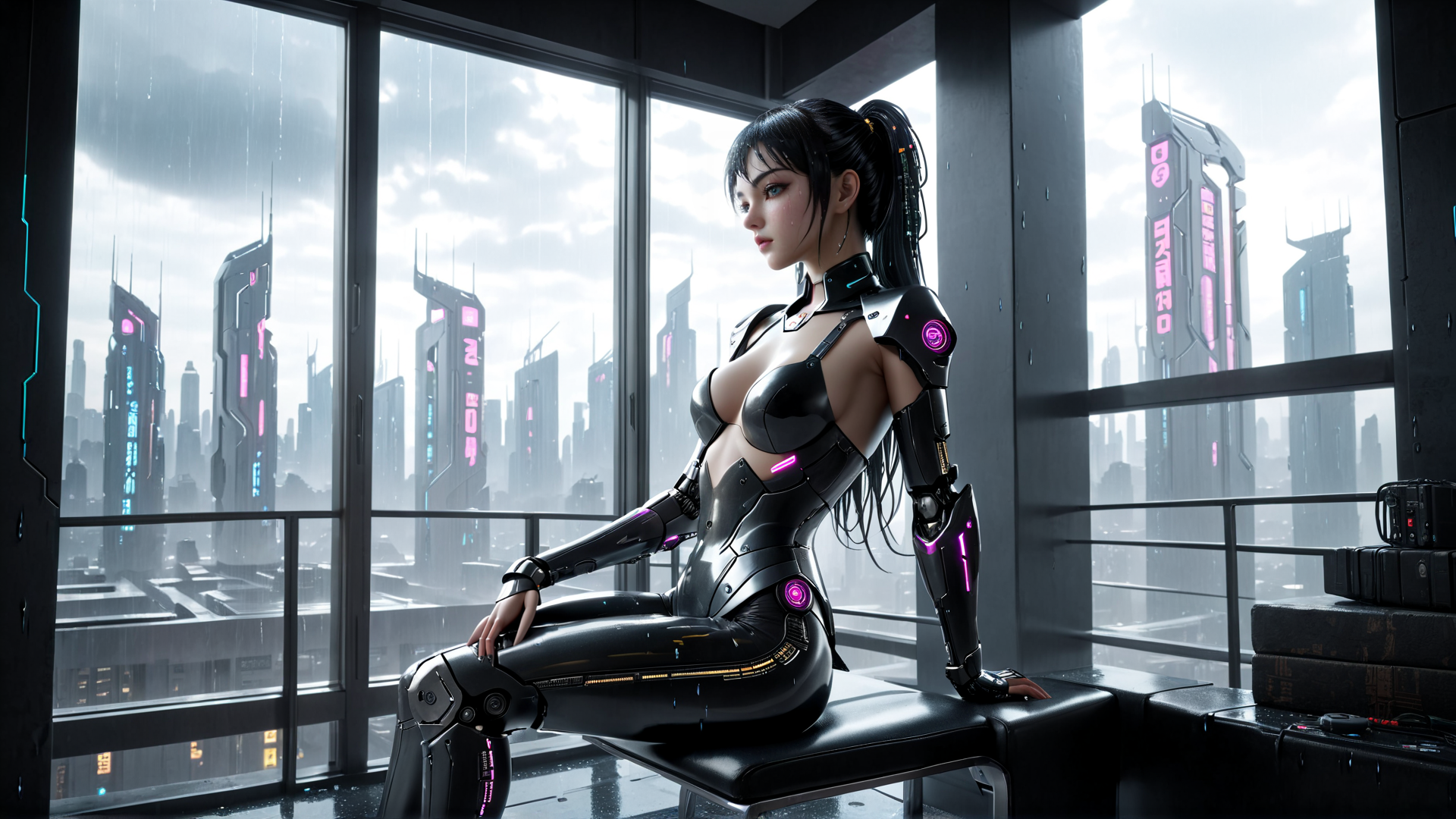 AI generated wallpaper featuring cyborg, woman, cityscape