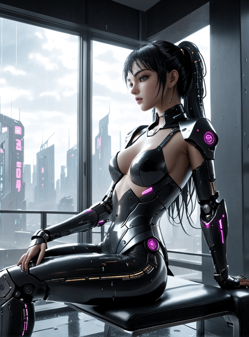 cyborg, woman, cityscape