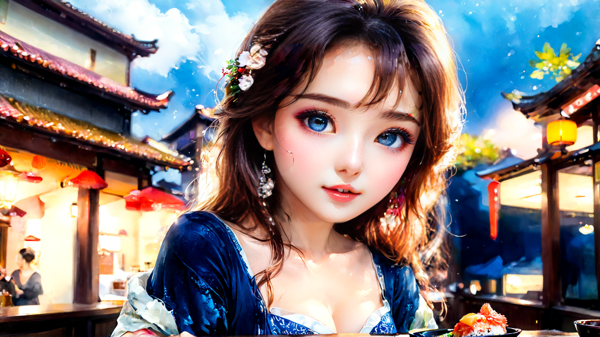 AI generated wallpaper featuring woman, chinese market, food