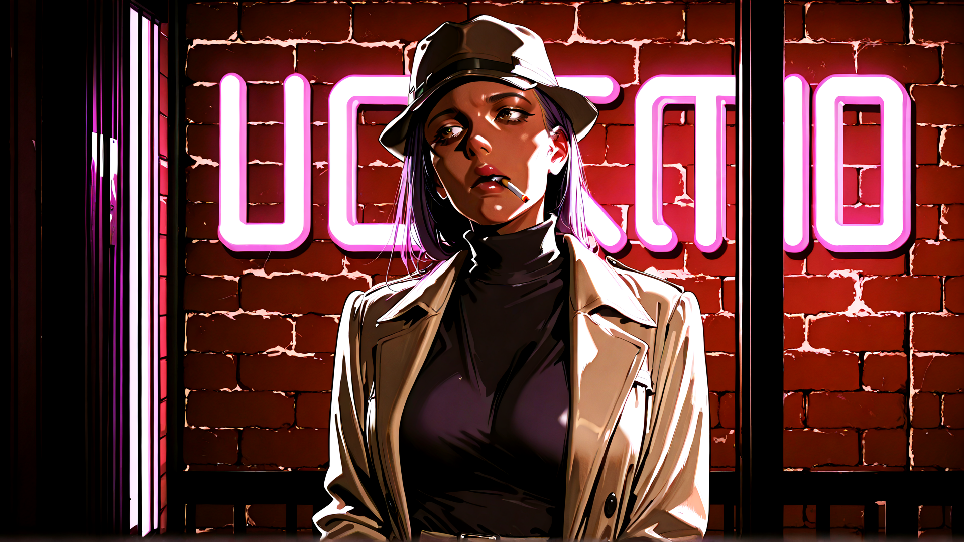 AI generated wallpaper featuring woman, neon sign, bricks, hat, coat, cigarette