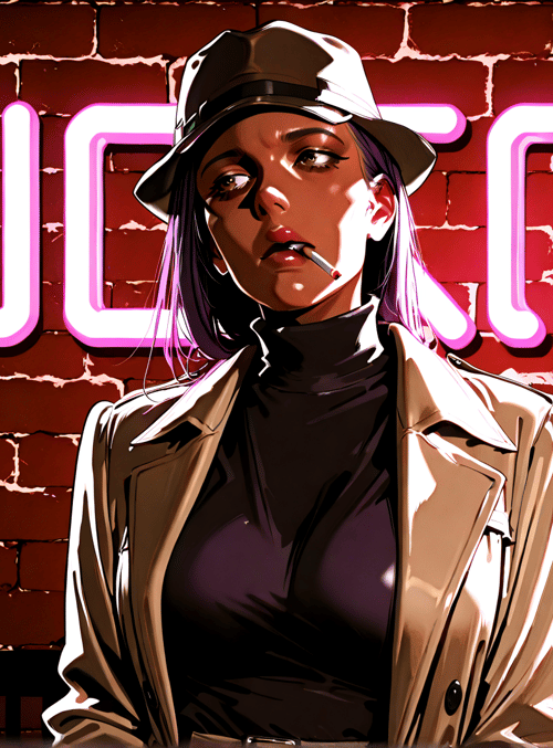 woman, neon sign, bricks, hat, coat, cigarette