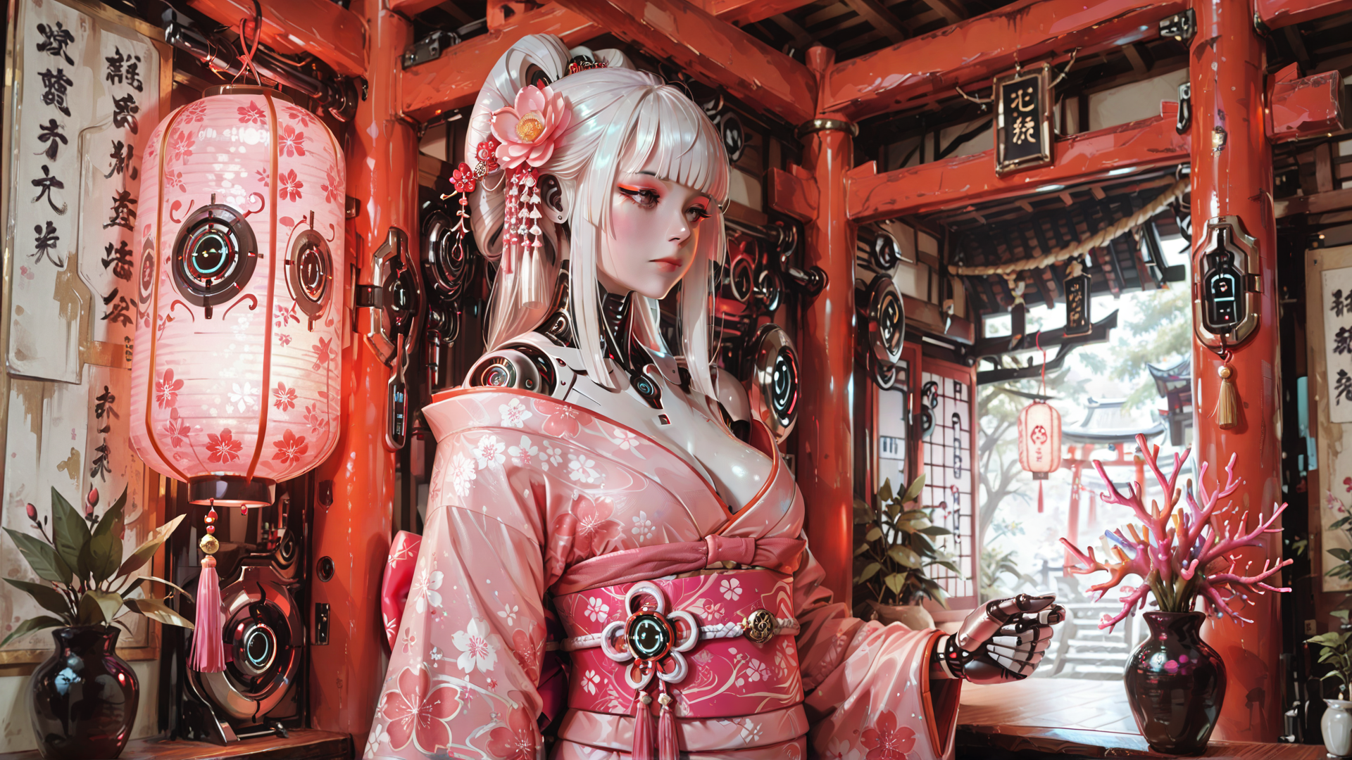 AI generated wallpaper featuring cyberpunk, geisha, robot, kimono, lantern, vase, flower
