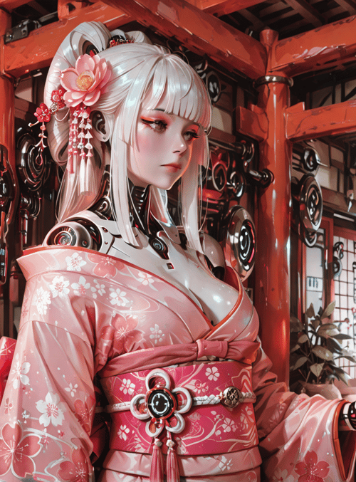 cyberpunk, geisha, robot, kimono, lantern, vase, flower