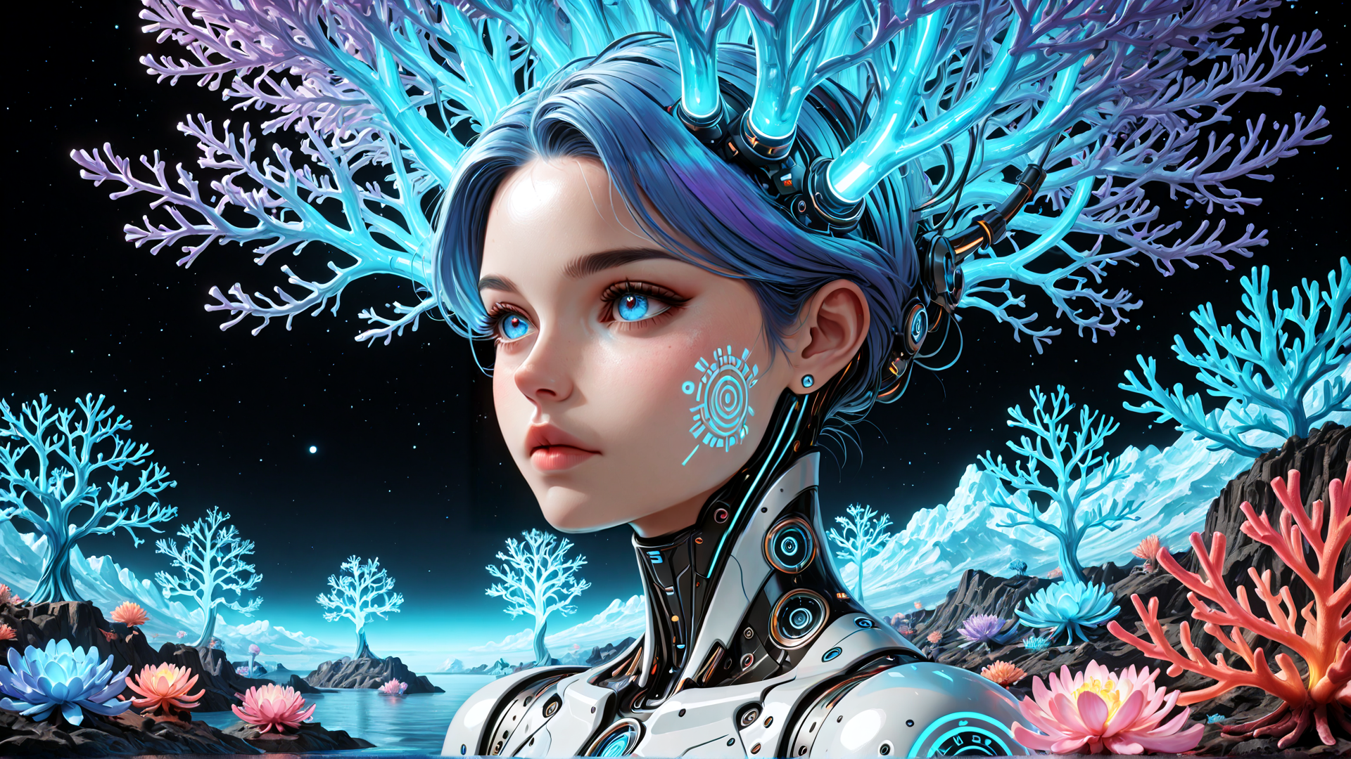 AI generated wallpaper featuring cyborg, coral, woman, robot, neon, futuristic, nature, alien, digital, art