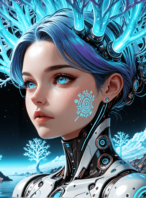 cyborg, coral, woman, robot, neon, futuristic, nature, alien, digital, art