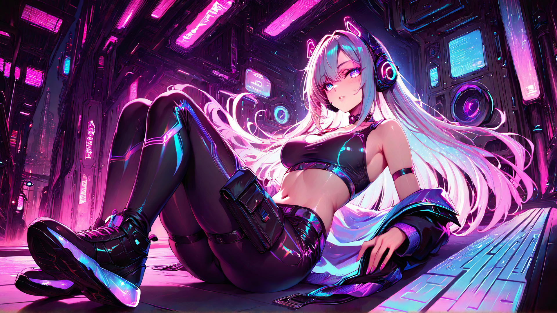 AI generated wallpaper featuring cyberpunk, anime, girl