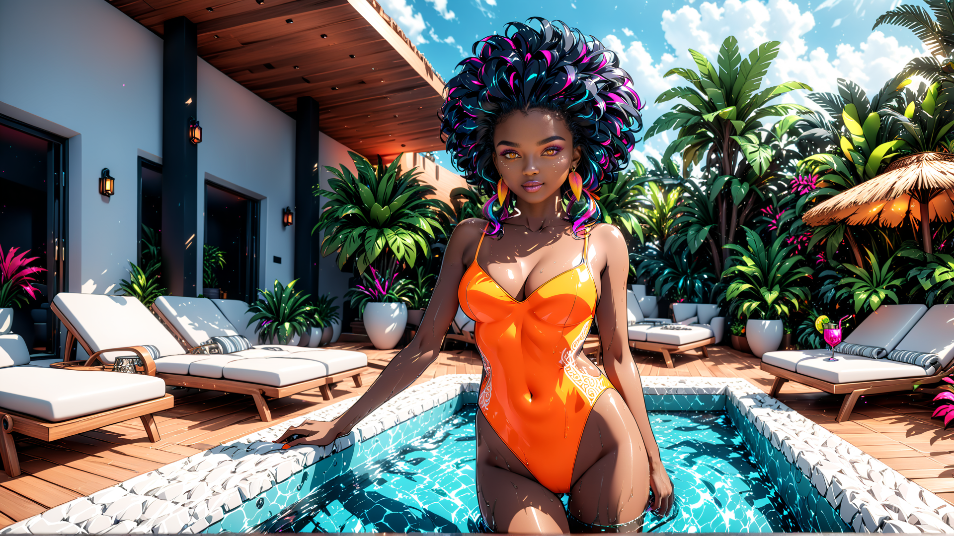 AI generated wallpaper featuring woman, pool, tropical