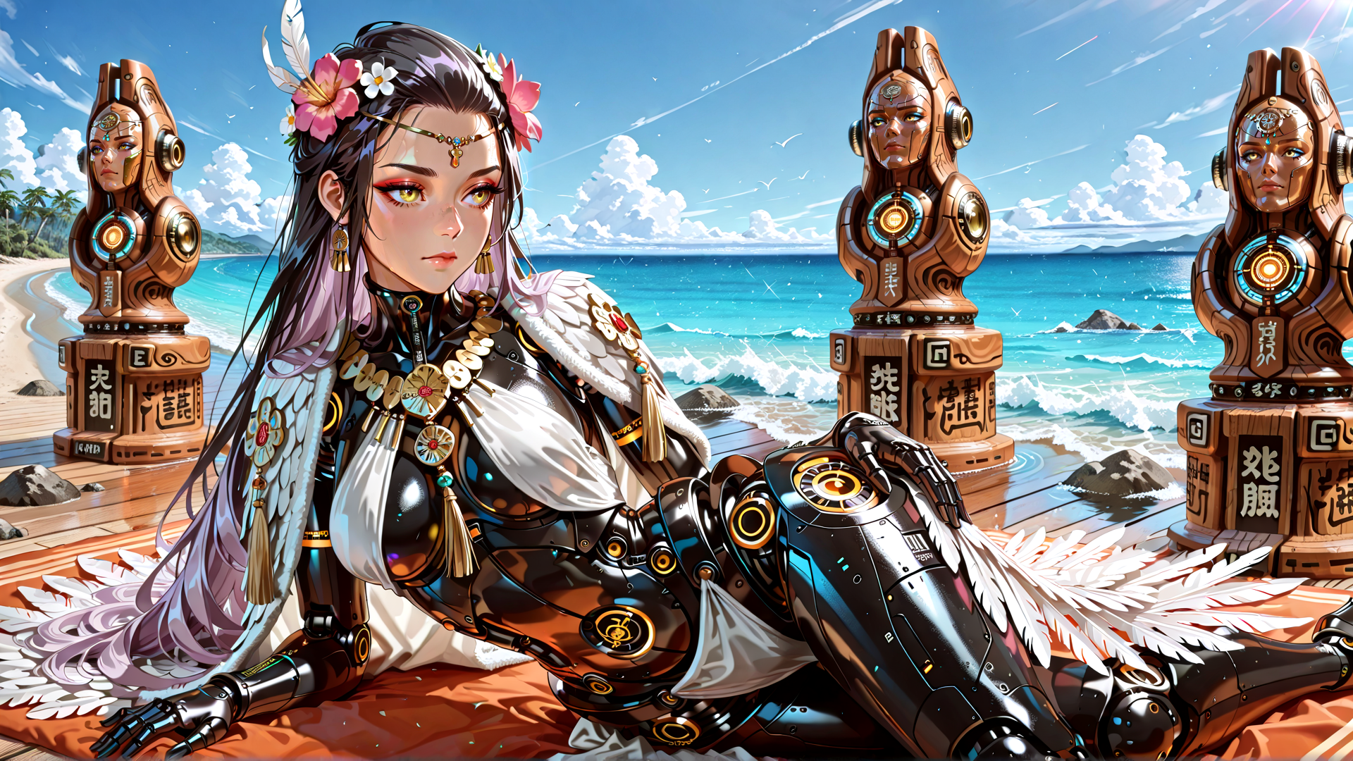 AI generated wallpaper featuring cyborg, statue, woman, feather, beach, ocean, sunset, tropical