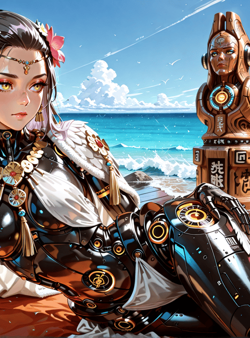 cyborg, statue, woman, feather, beach, ocean, sunset, tropical