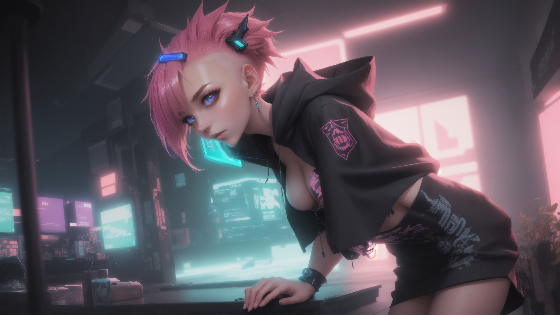 AI generated wallpaper featuring cyberpunk girl, futuristic character