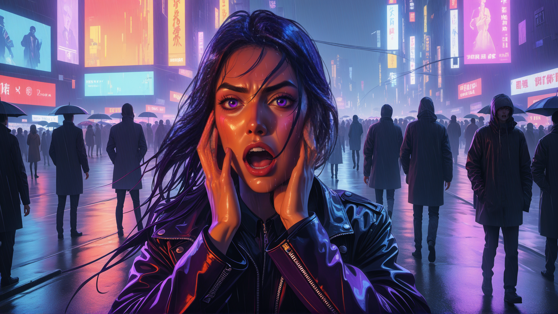 AI generated wallpaper featuring woman, city, rain