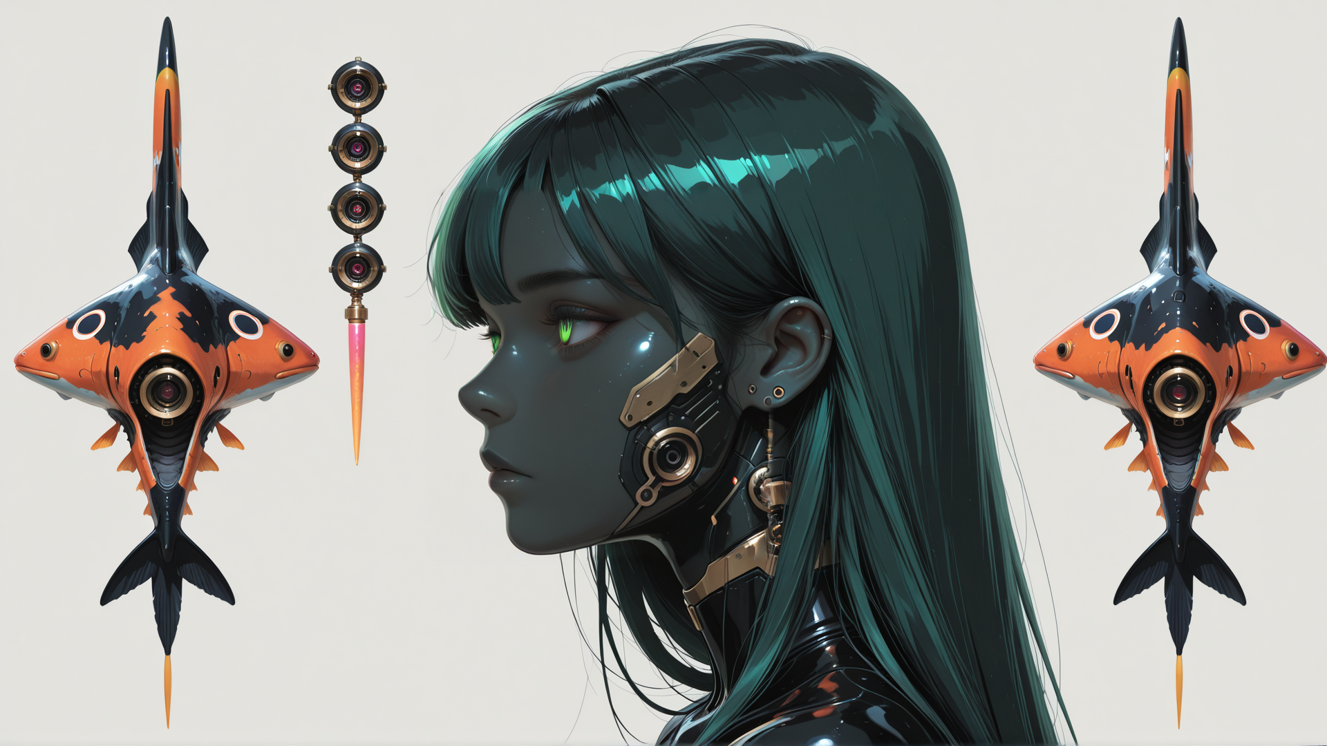 AI generated wallpaper featuring cyborg, fish, gadget, hair, robot, ear, face