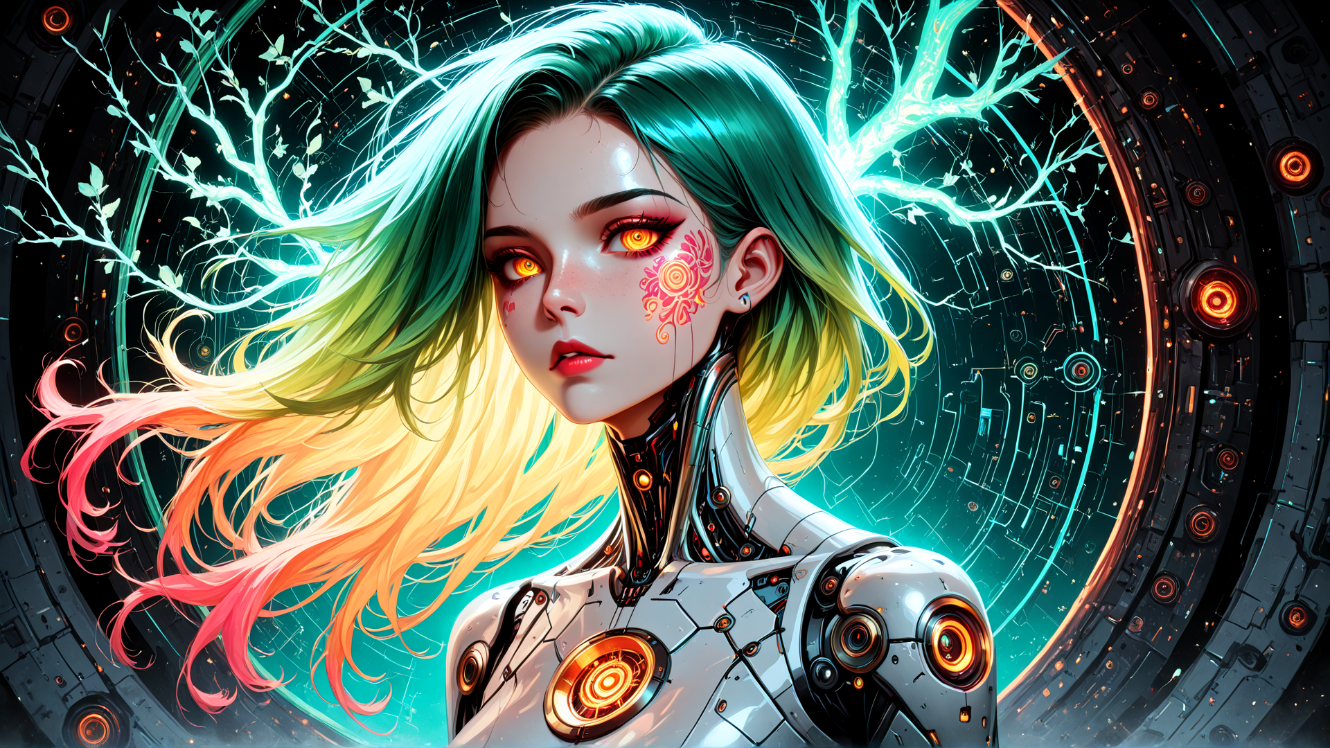 AI generated wallpaper featuring cyborg, girl, neon, tree, mechanical, robot, hair, artificial, humanoid, glowing