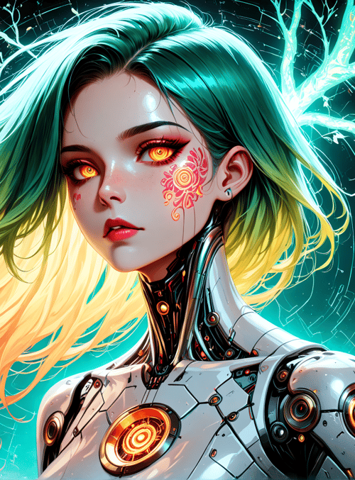 cyborg, girl, neon, tree, mechanical, robot, hair, artificial, humanoid, glowing