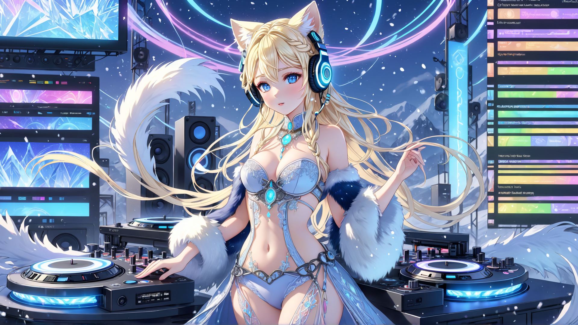 AI generated wallpaper featuring fox girl, dj, anime