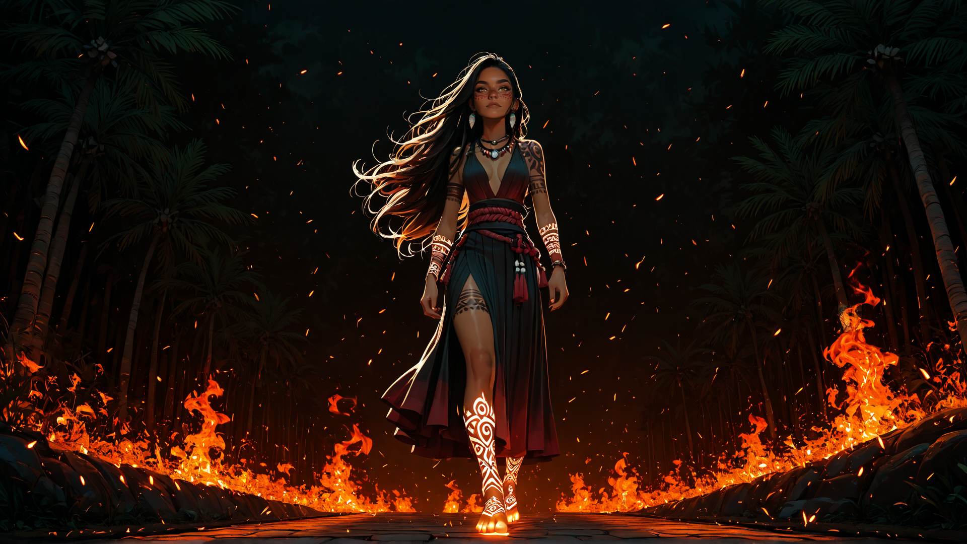 AI generated wallpaper featuring woman, tattoo, palm tree, fire, jewelry