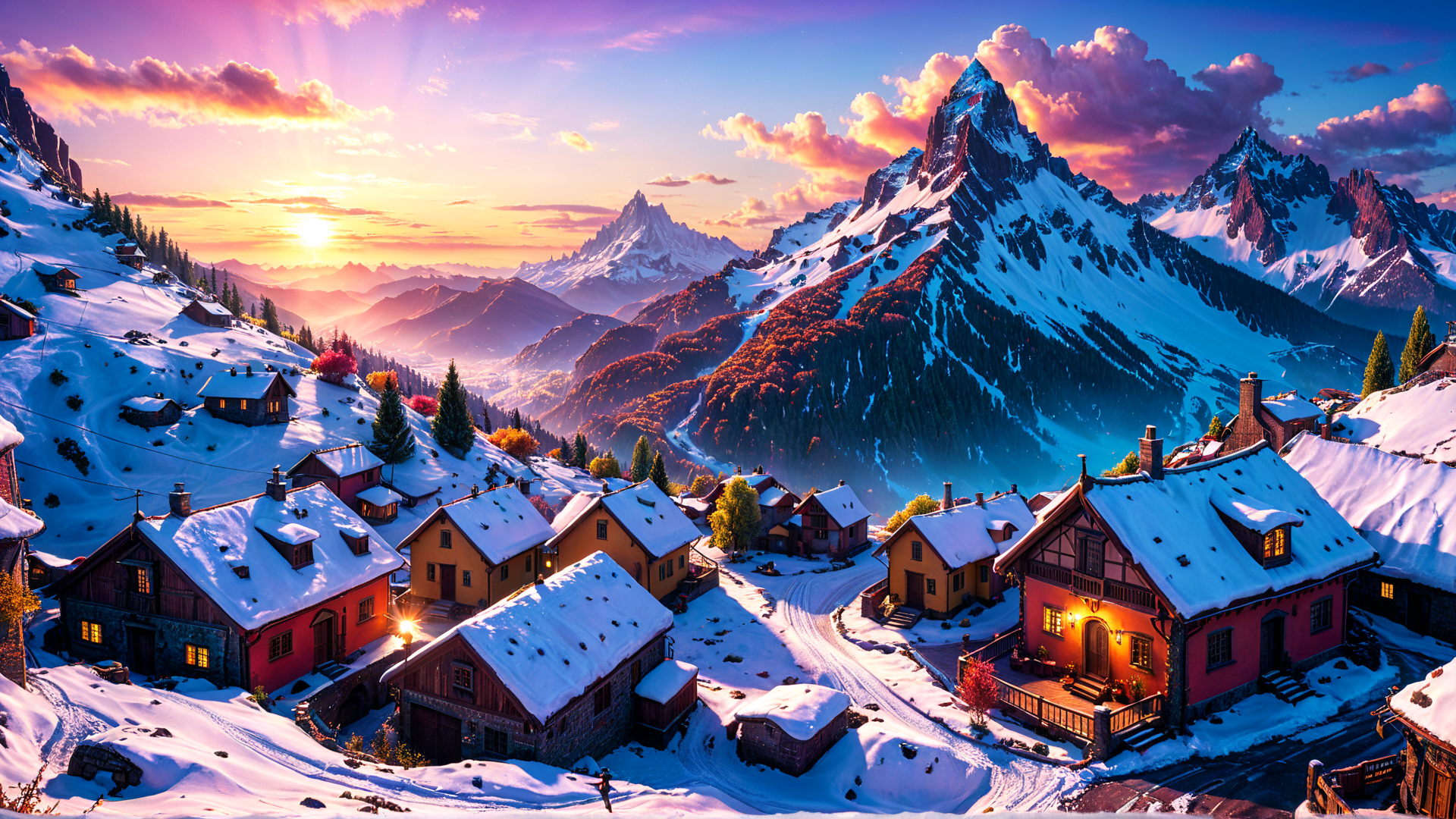 AI generated wallpaper featuring village, mountains, houses, sun, snow