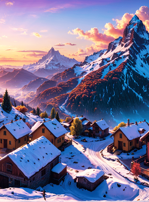 village, mountains, houses, sun, snow