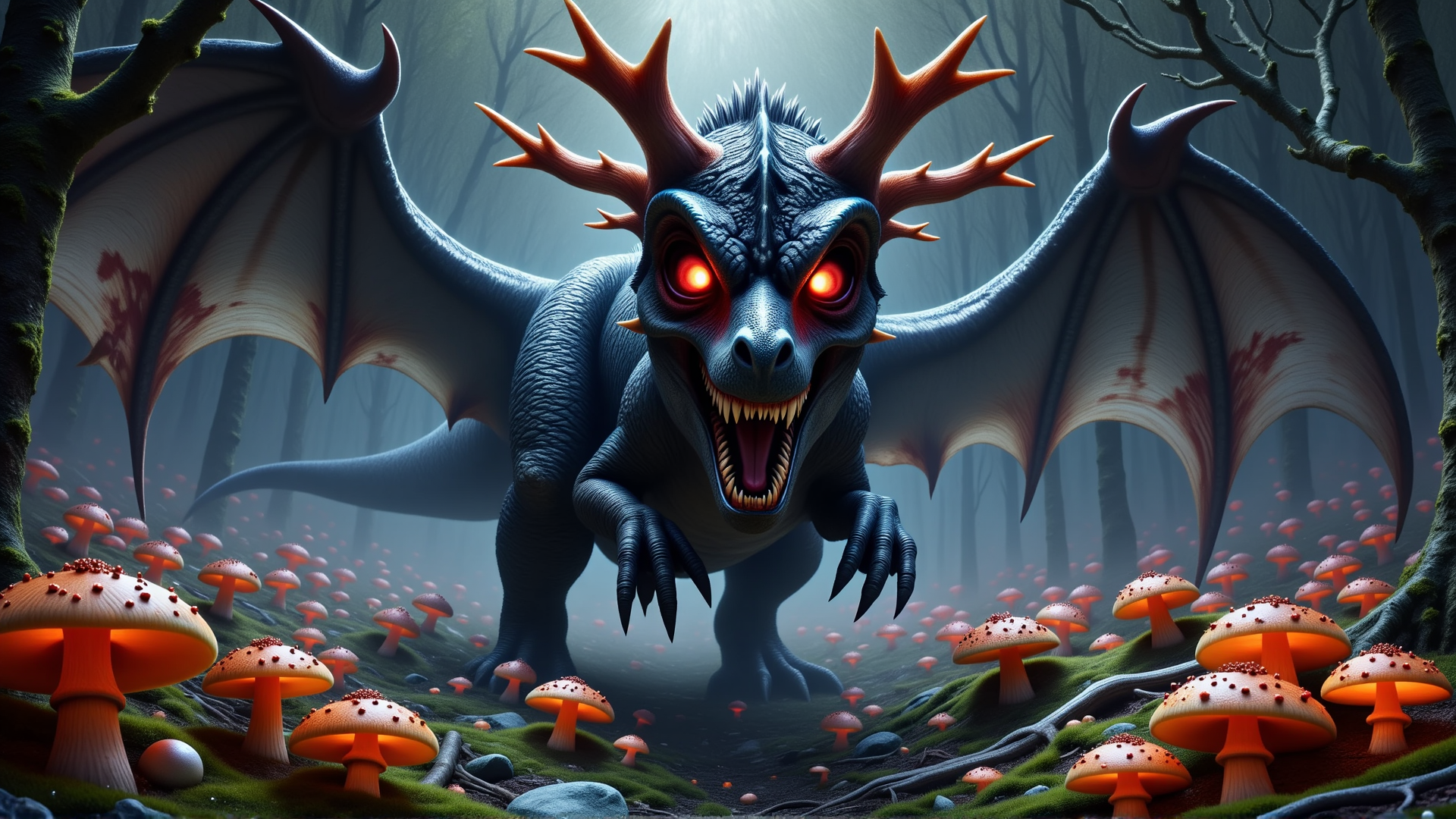 AI generated wallpaper featuring dragon, mushrooms, forest, trees