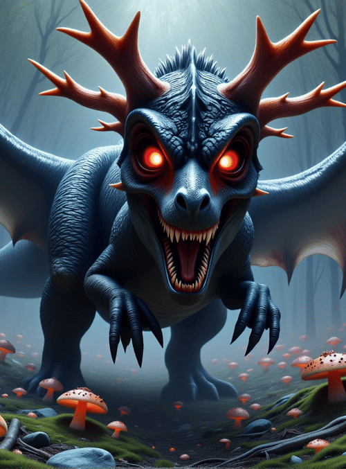 dragon, mushrooms, forest, trees