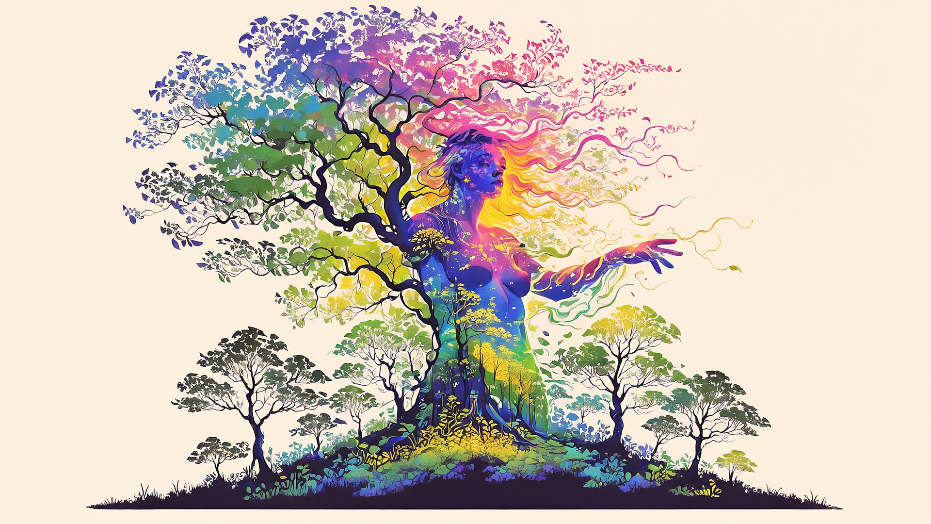 AI generated wallpaper featuring tree, woman, forest