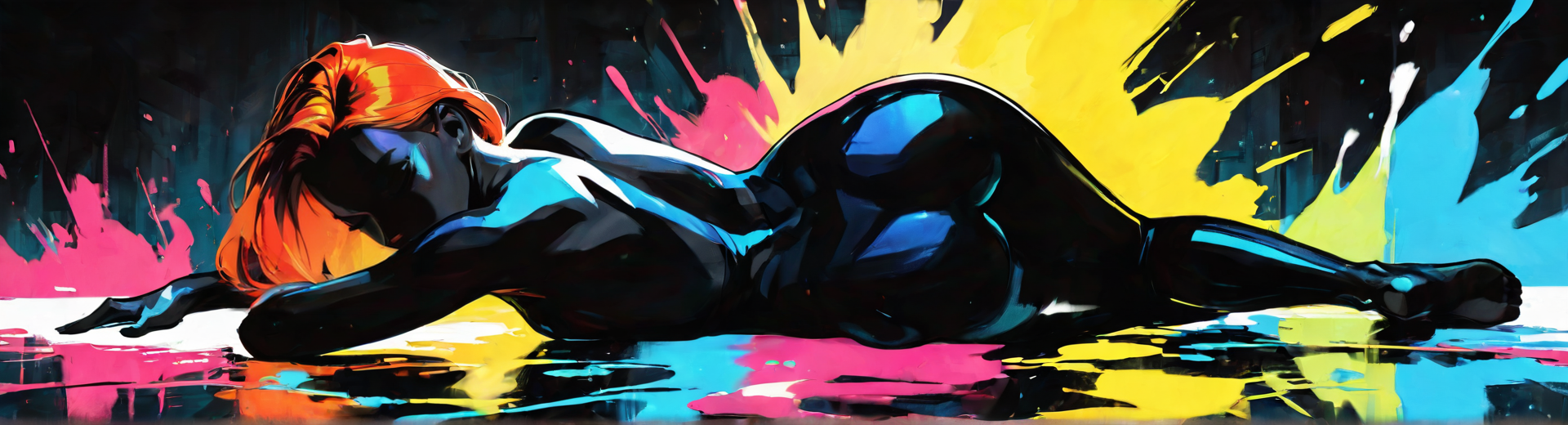AI generated wallpaper featuring woman, red hair, black outfit, paint splash