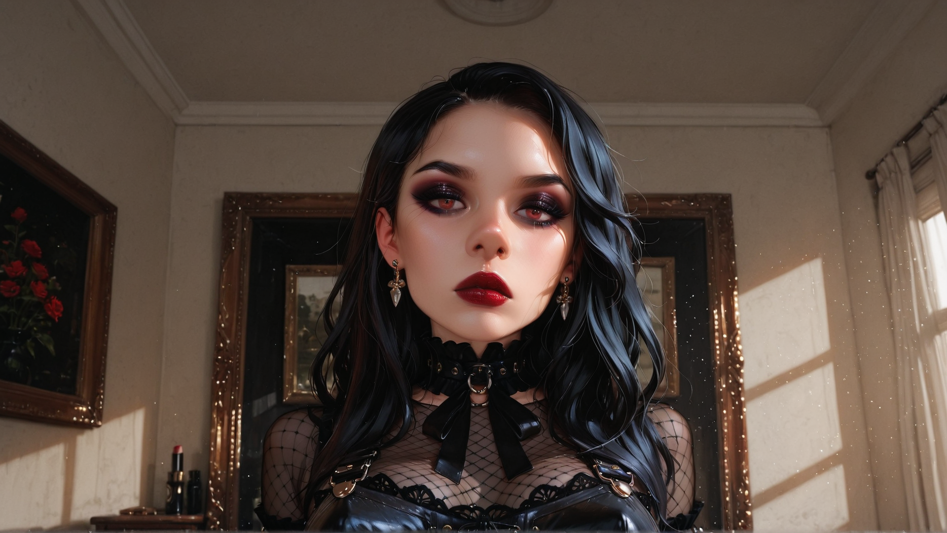 AI generated wallpaper featuring woman, hair, choker, garter, mirror