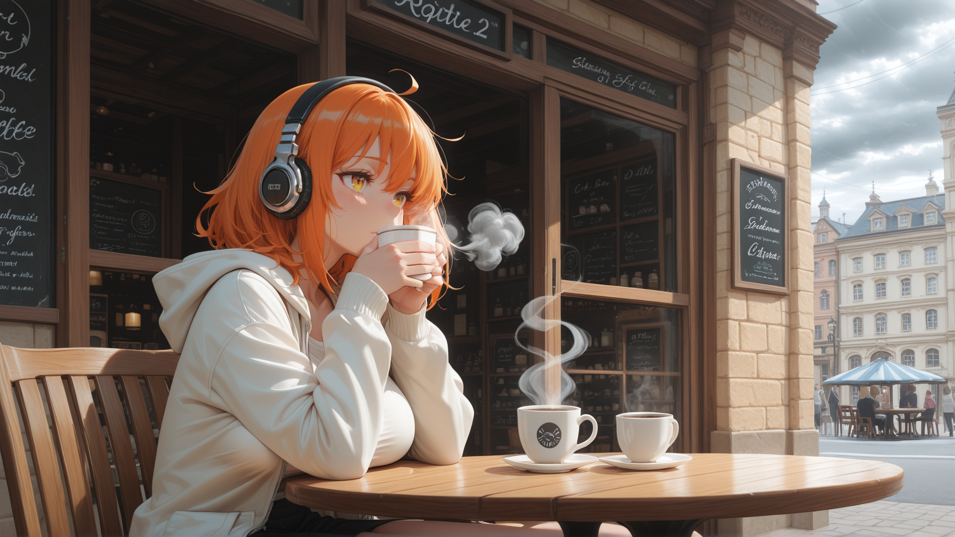 AI generated wallpaper featuring girl, coffee, headphones, cafe, table, chair, cup, building, street, cloud