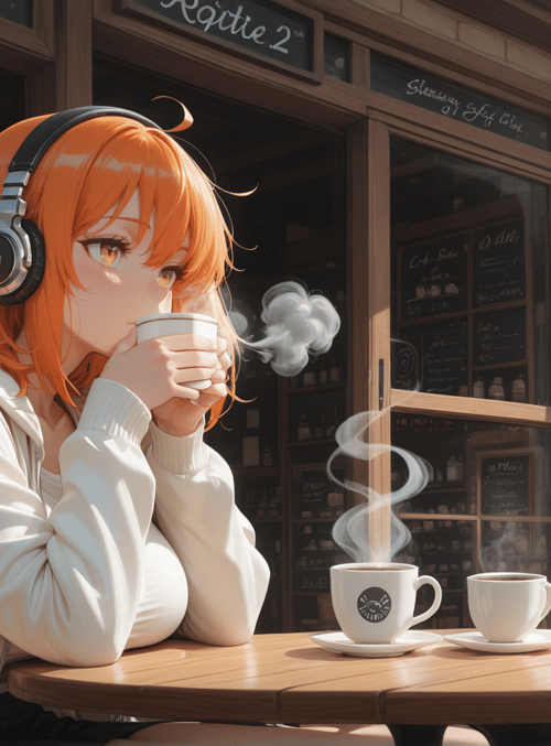 girl, coffee, headphones, cafe, table, chair, cup, building, street, cloud