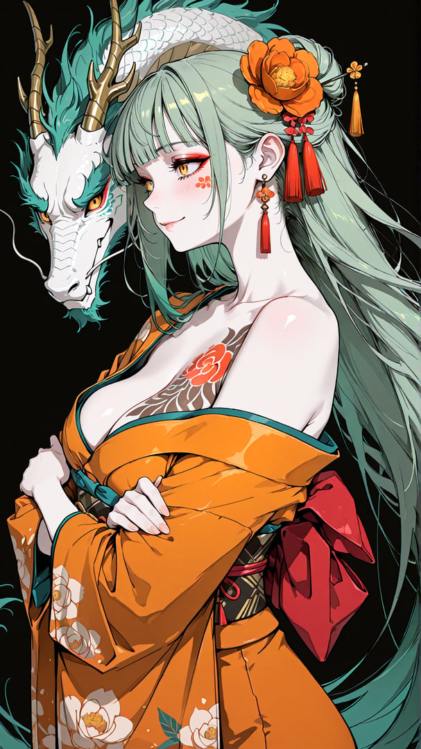 AI generated wallpaper featuring woman, dragon, kimono