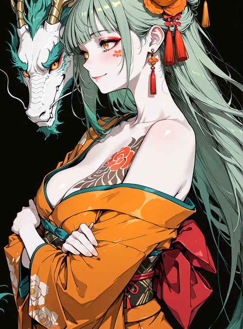woman, dragon, kimono