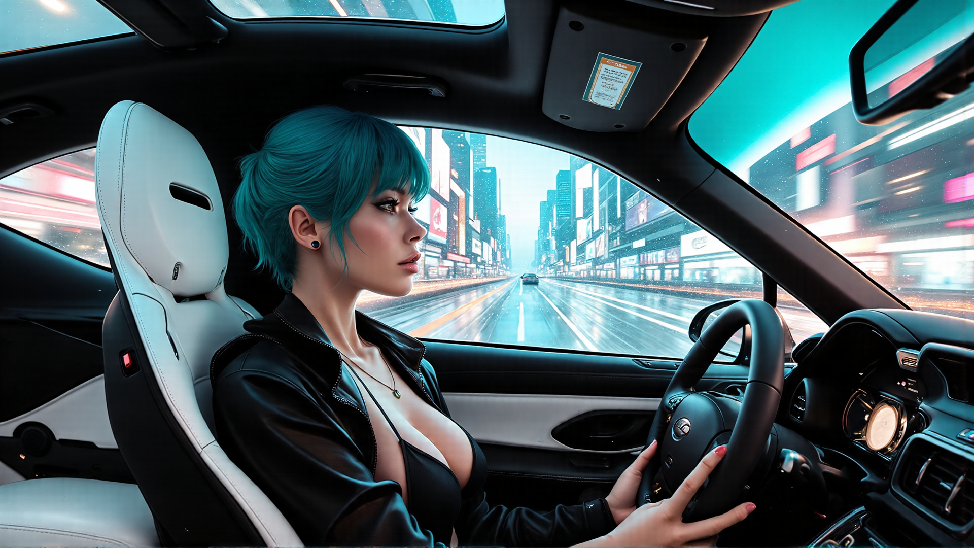 AI generated wallpaper featuring woman, car, city, steering wheel, seat, window, buildings, street, signs, rain