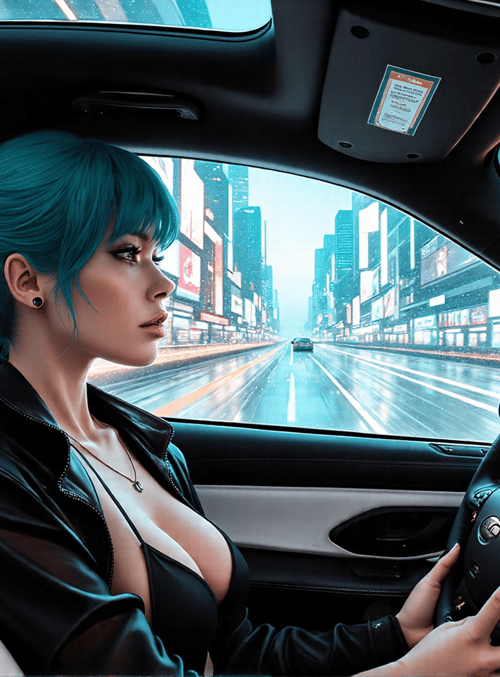 woman, car, city, steering wheel, seat, window, buildings, street, signs, rain