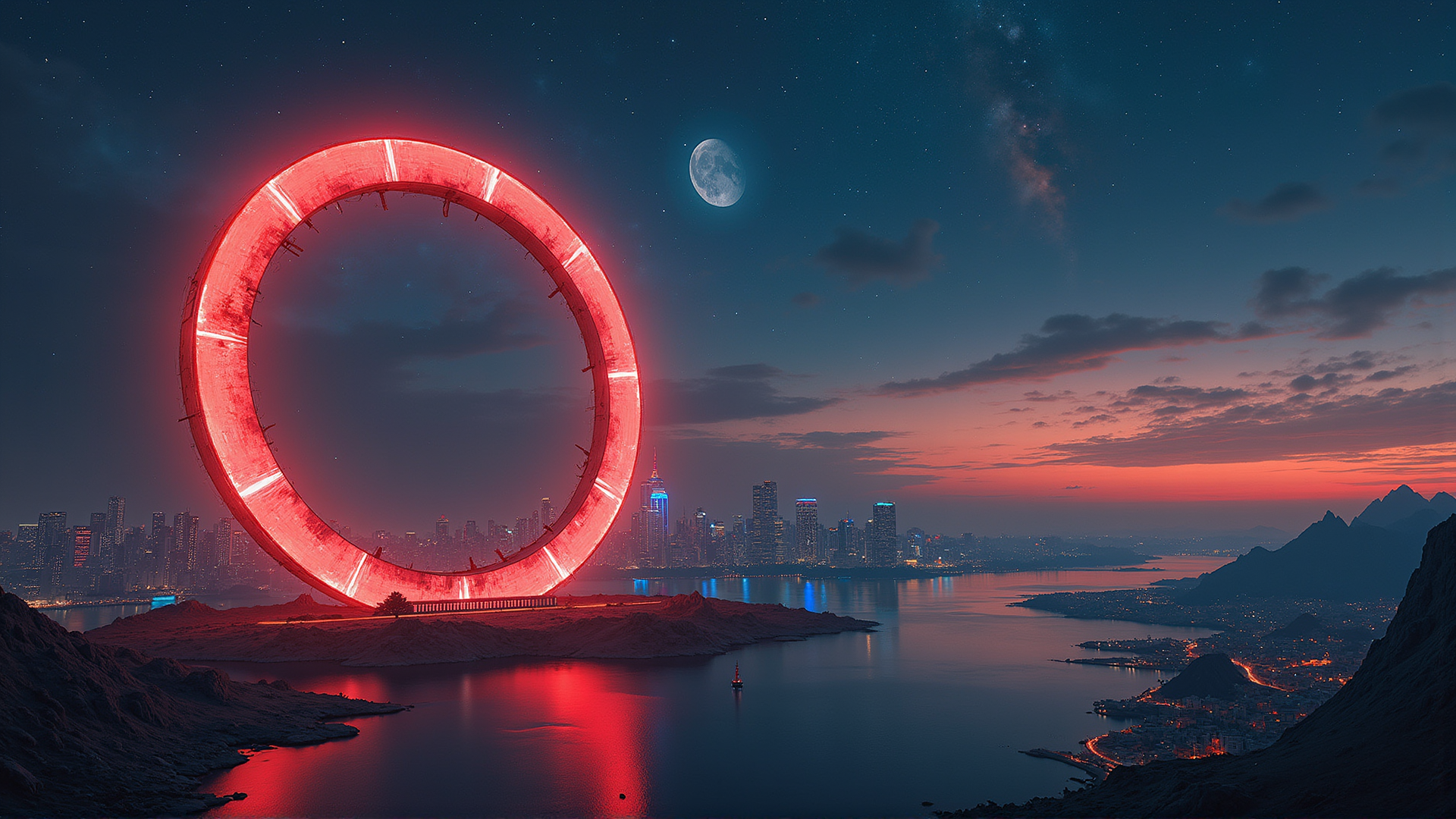 AI generated wallpaper featuring ring, cityscape, moon