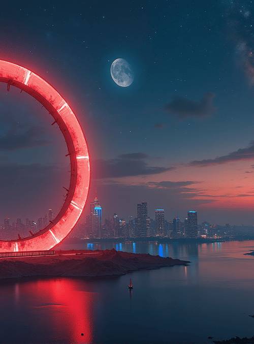 ring, cityscape, moon