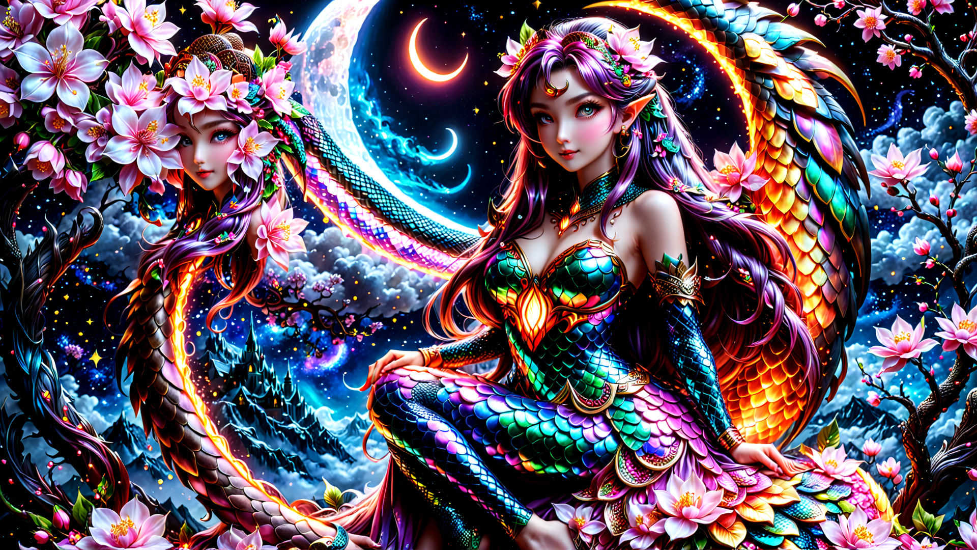 AI generated wallpaper featuring dragon, elf, goddess, flower, moon, castle