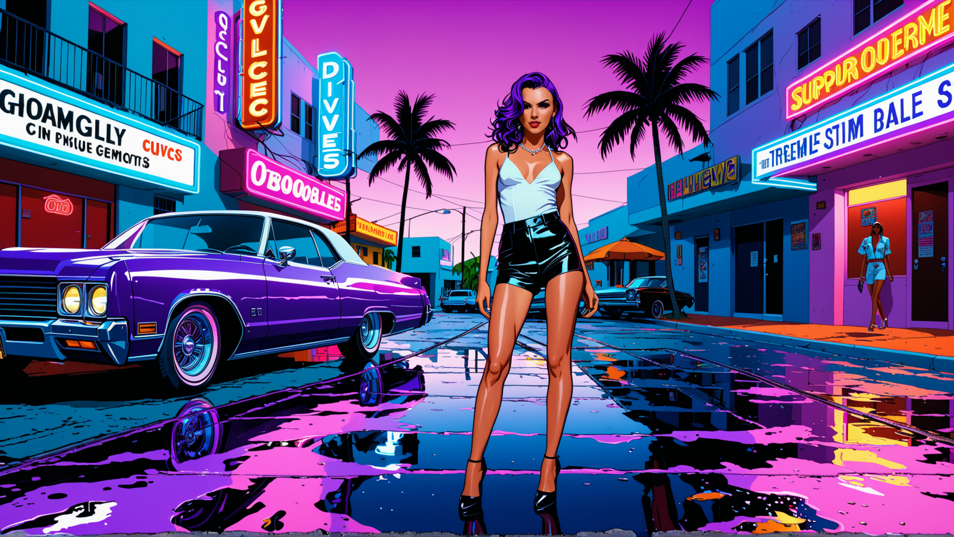 AI generated wallpaper featuring woman, car, palm tree