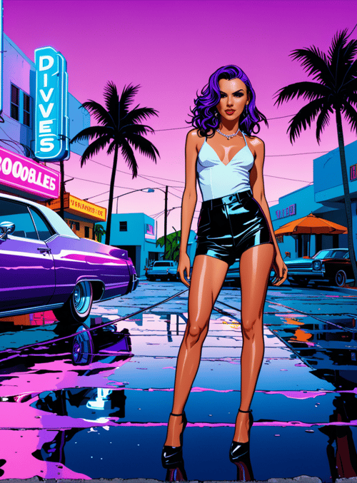 woman, car, palm tree
