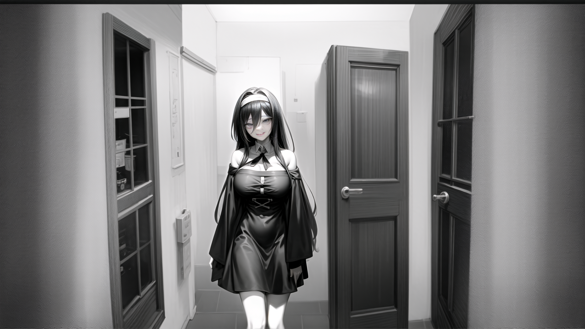 AI generated wallpaper featuring anime girl, corridor, door