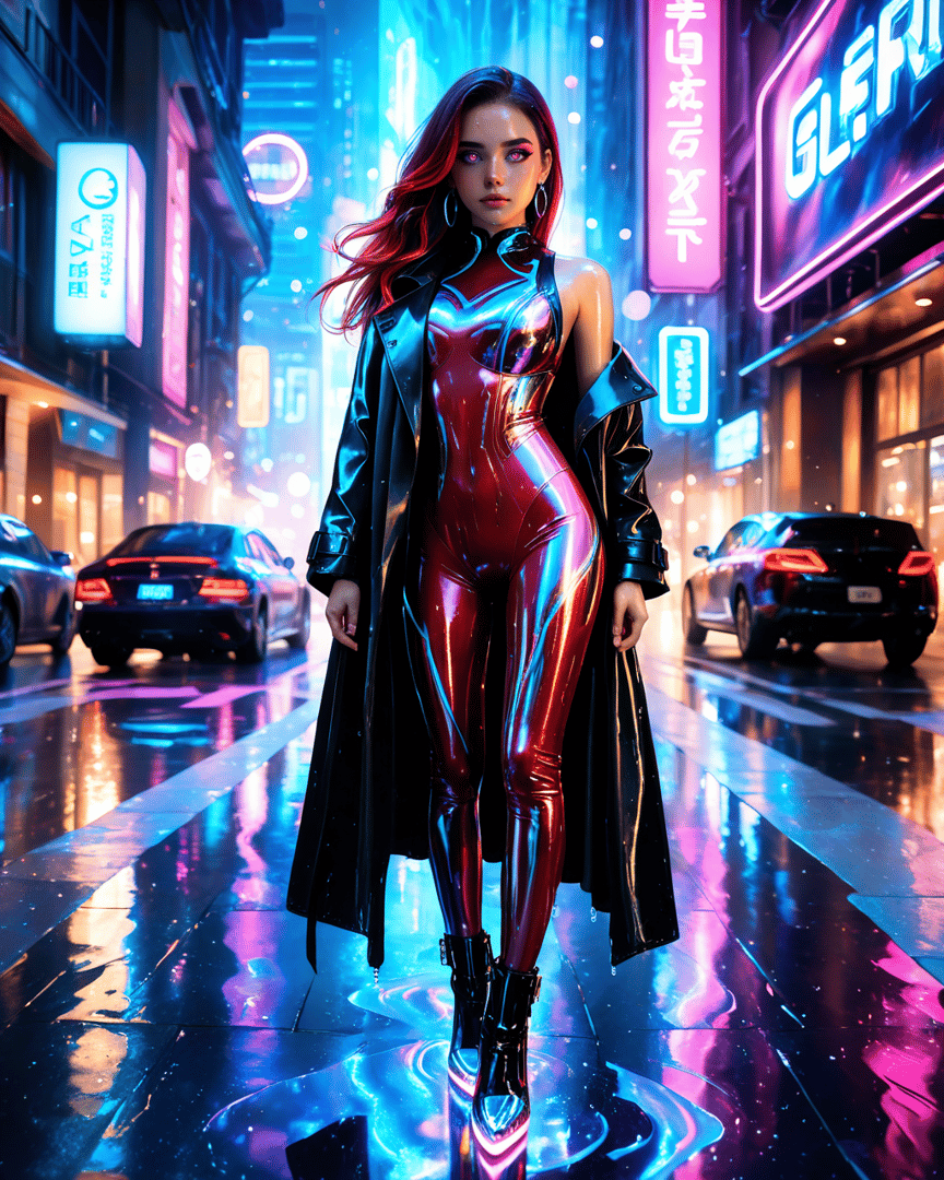 AI generated wallpaper featuring woman, neon, city