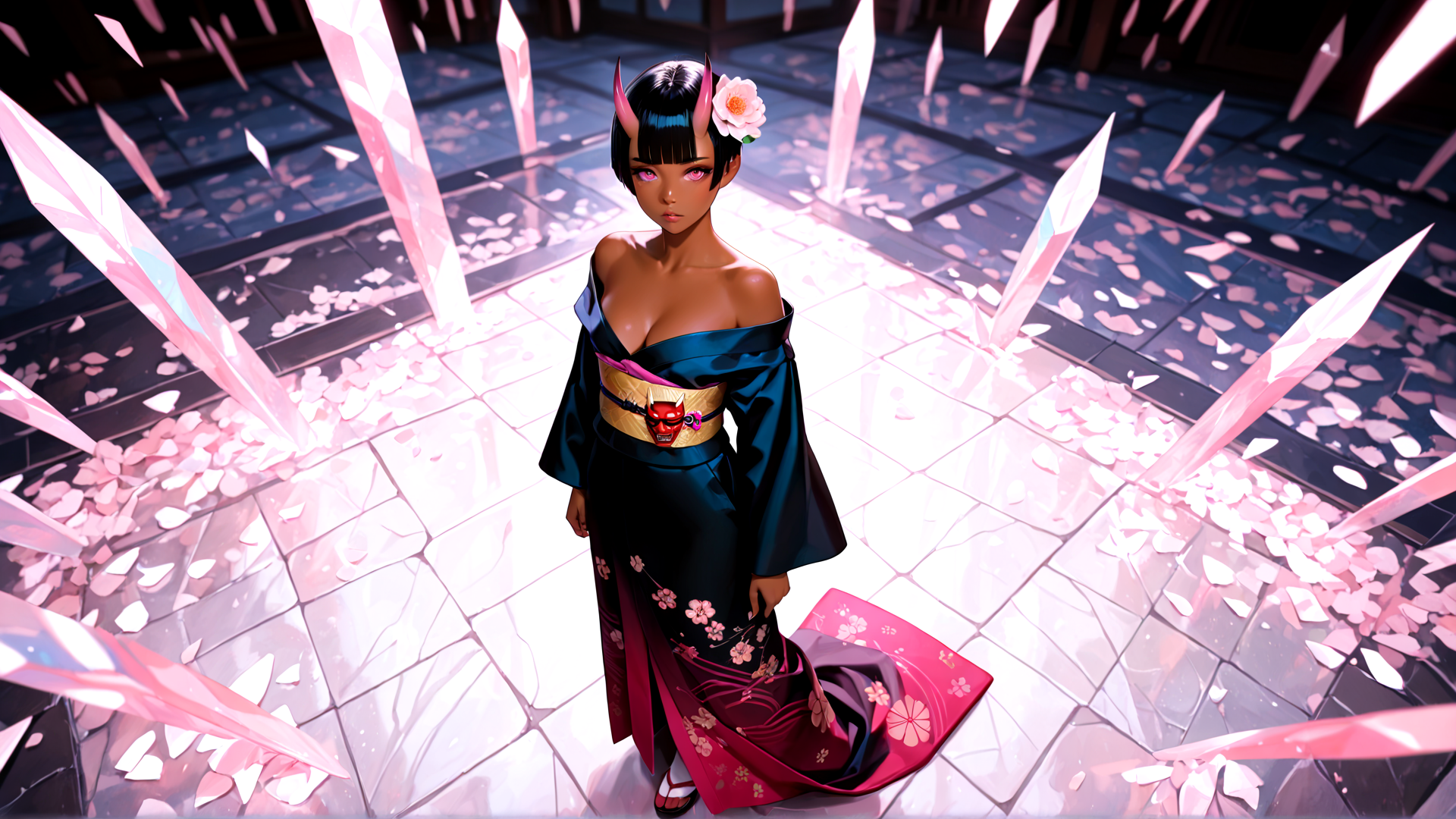 AI generated wallpaper featuring anime girl, kimono, crystals, cherry blossoms, devil horns, flower