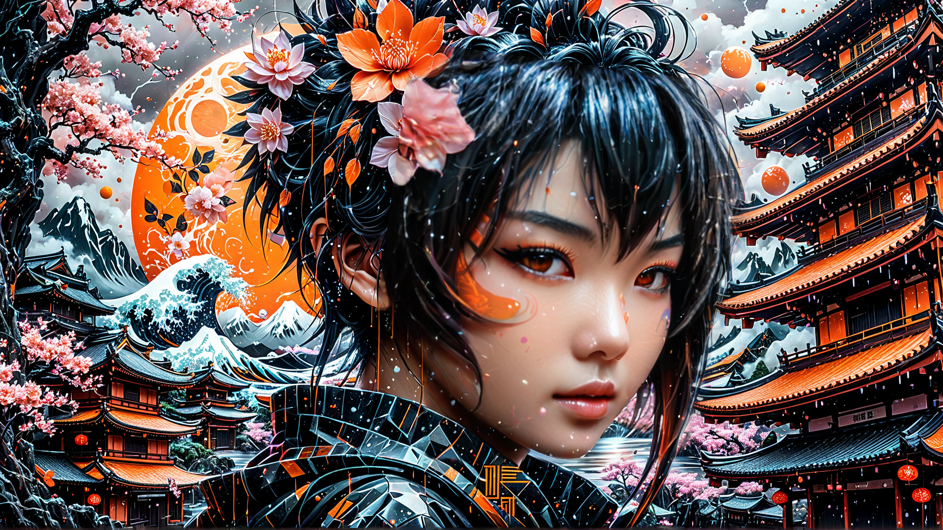 AI generated wallpaper featuring woman, cherry blossom, traditional building