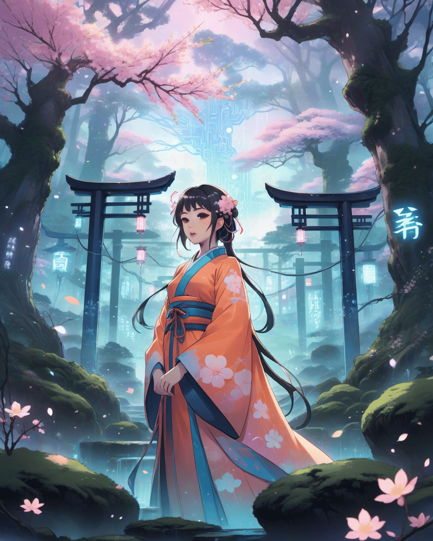 AI generated wallpaper featuring woman, cherry blossom, traditional dress