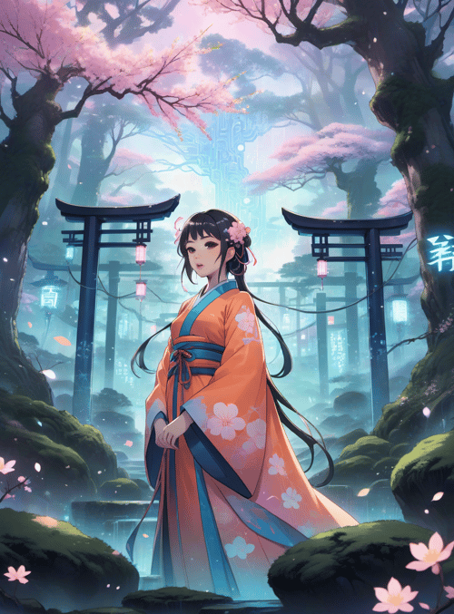 woman, cherry blossom, traditional dress