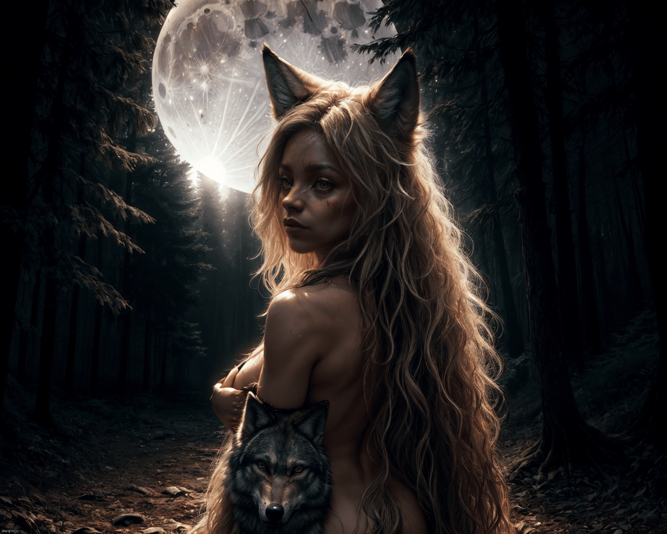 AI generated wallpaper featuring werewolf, wolf, forest