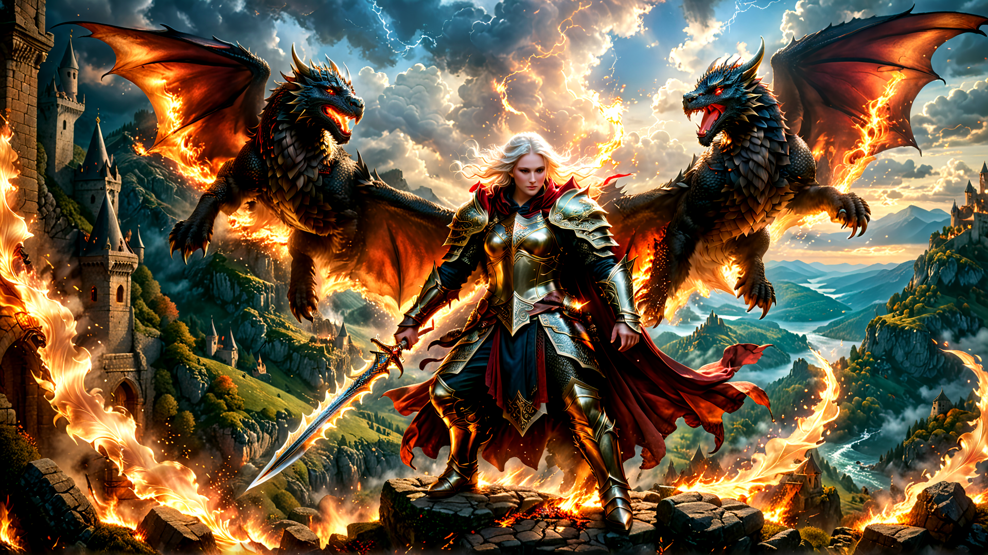 AI generated wallpaper featuring dragon, knight, castle, sword, fire, mountain, cloud, armor, spear, sky