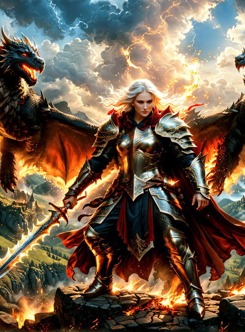 dragon, knight, castle, sword, fire, mountain, cloud, armor, spear, sky