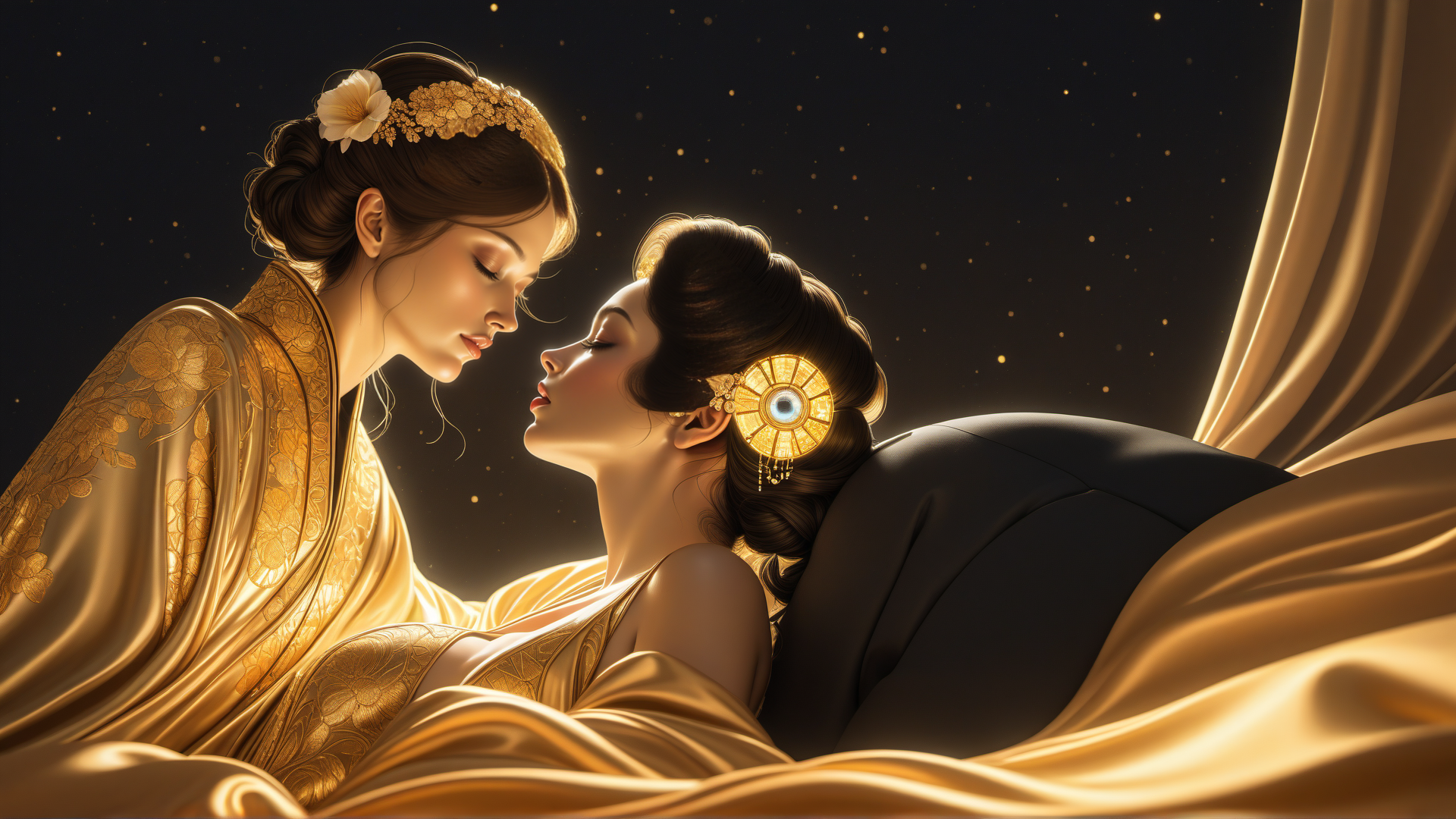 AI generated wallpaper featuring women, silk, gold