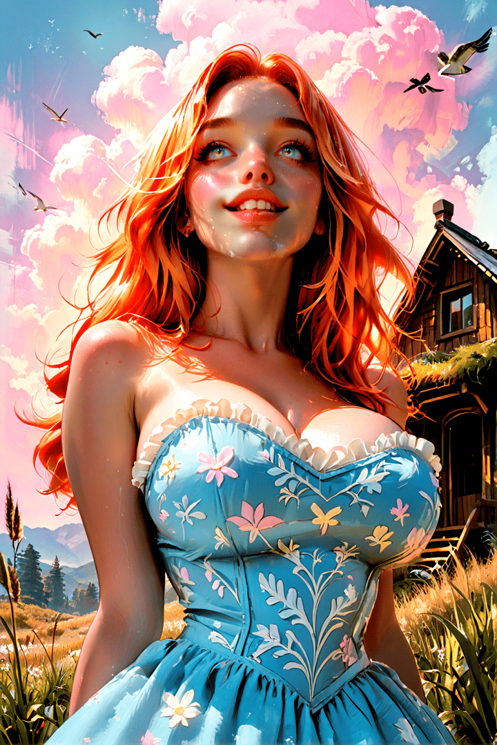AI generated wallpaper featuring woman, dress, house, clouds, birds, grass, mountains, trees, sunlight, flowers